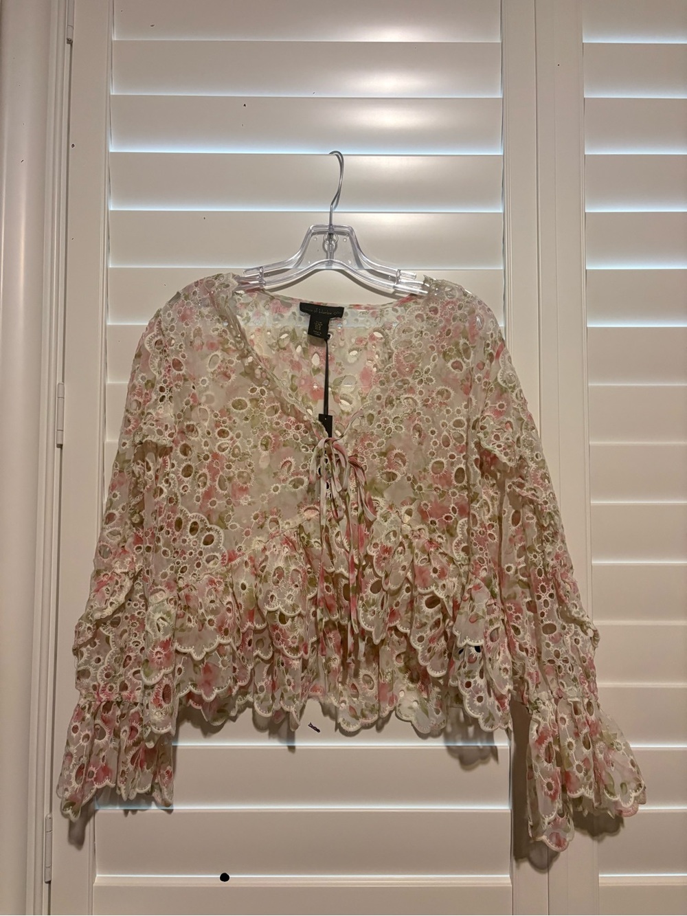 House of Harlow 1960 Eyelet Lace Floral Tie-Front Blouse - Pink & Cream